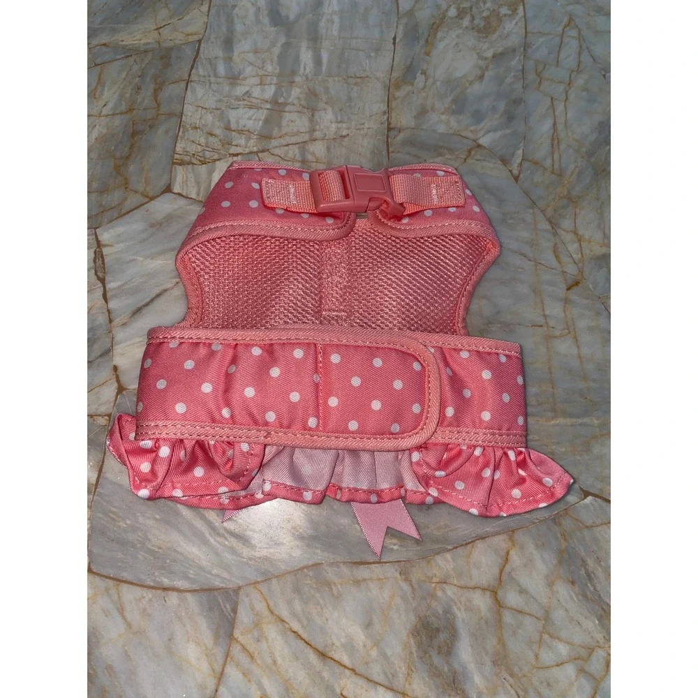 Simply Wag Pink Polka Dot Ruffle Dog Harness Vest with Satin Bow Small